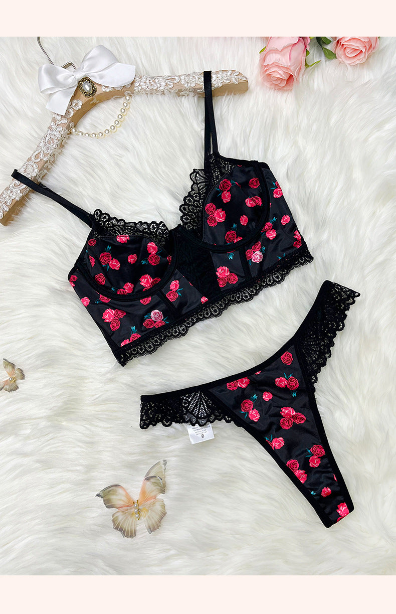 Rose Printed Lace Underwear Set Push up Lingerie