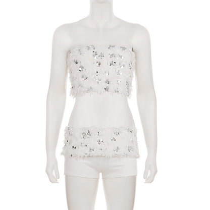 White Sequined Furry Bottoms Set