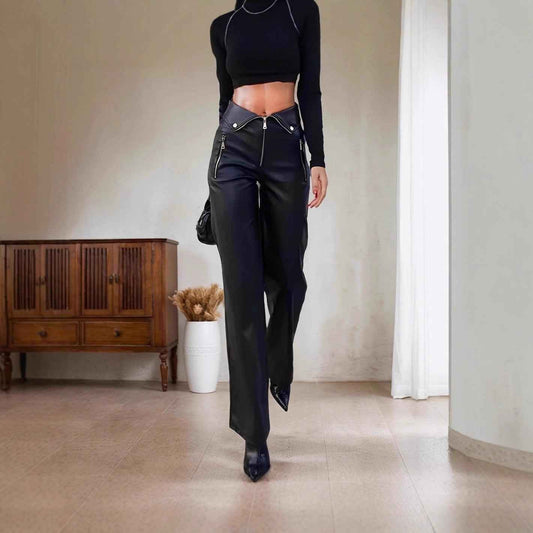 Faux Leather Nightclub Metal Zipper Straight Leather Jeans