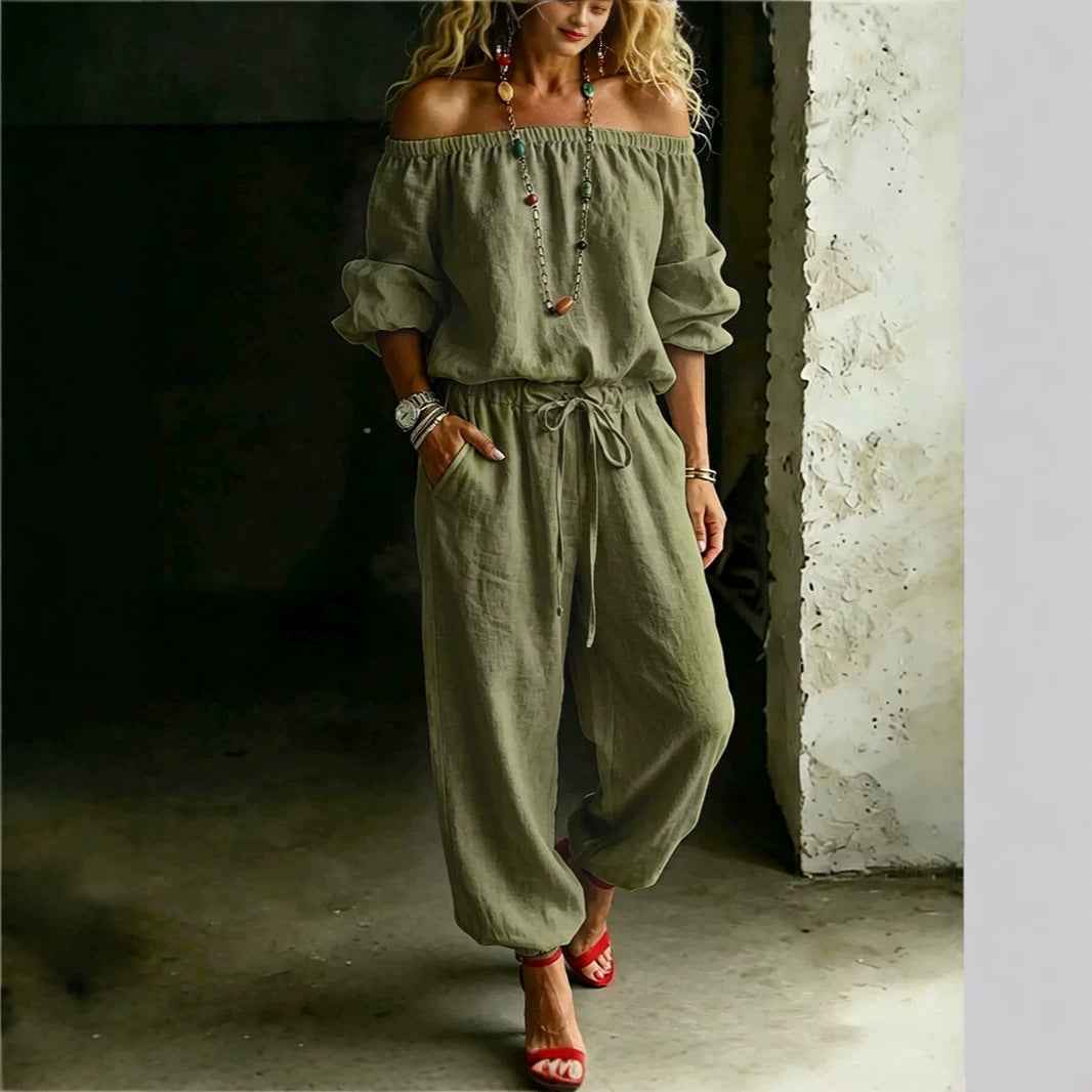 Summer Off Shoulder Top Casual Drawstring Jumpsuit for Women