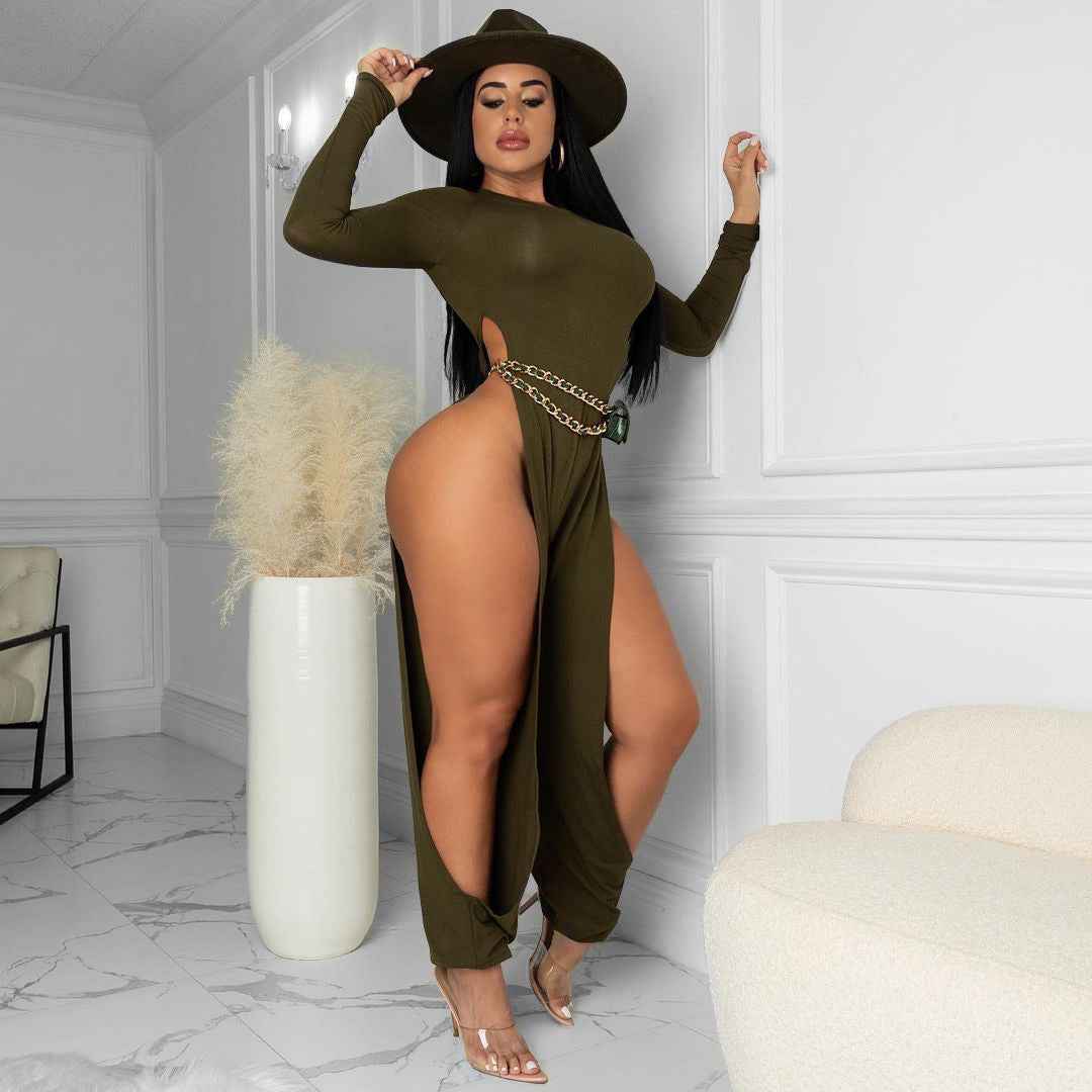 Sexy Open-Leg Jumpsuit Solid Color