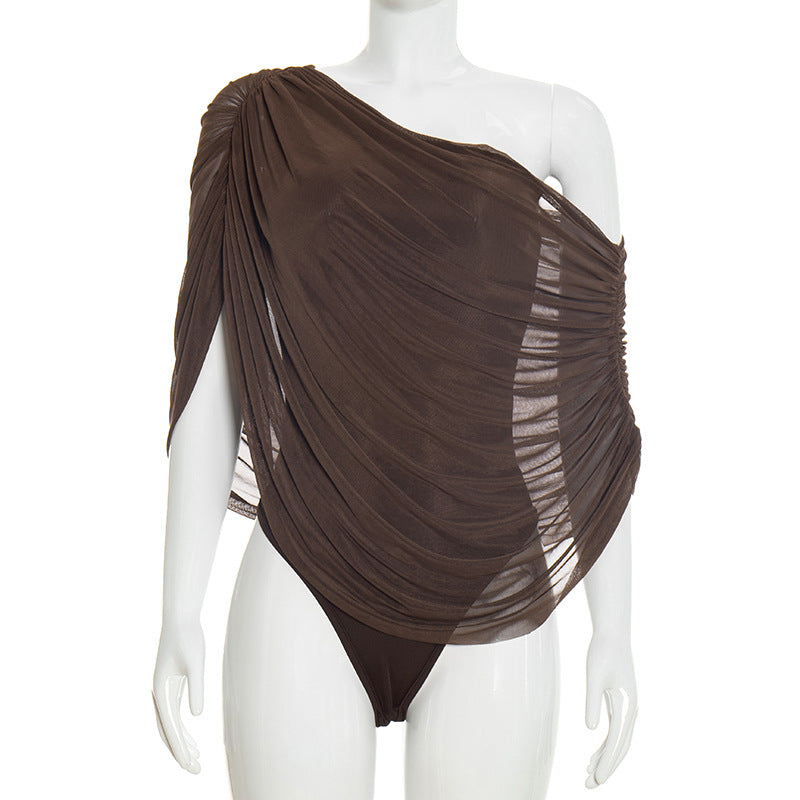 Pleated Sloping Shoulder Women's Elegant Bodysuit