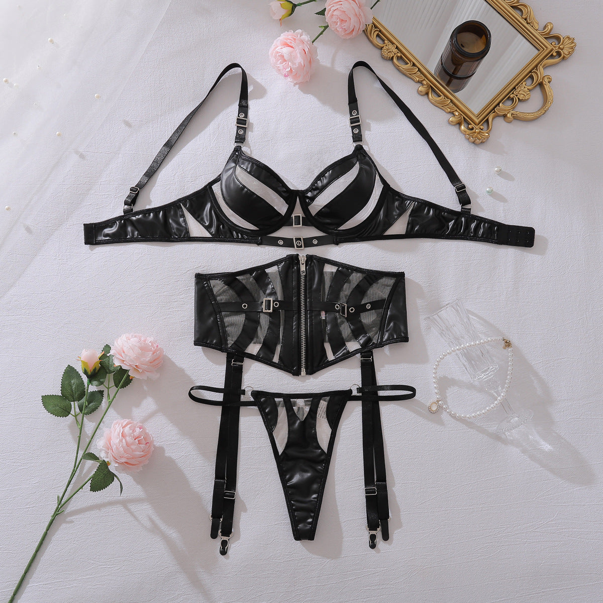 PU Leather Stitching Mesh Lingerie Three Piece Set