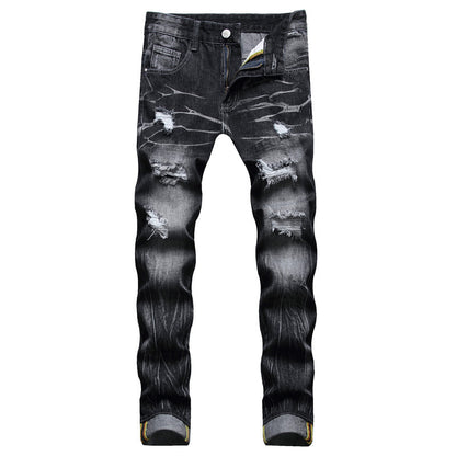 Men's Street Casual Cool Decorative Flower Ripped Pants Straight-leg Four Seasons