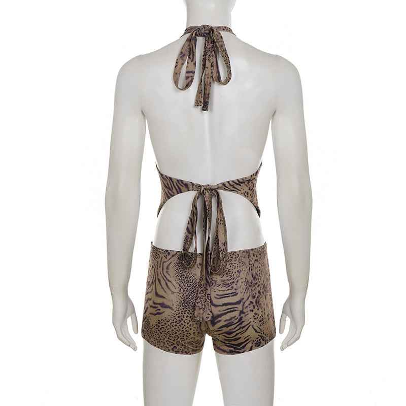 Leopard Print Lace up Halterneck Sexy Two Piece Bottoms Sets