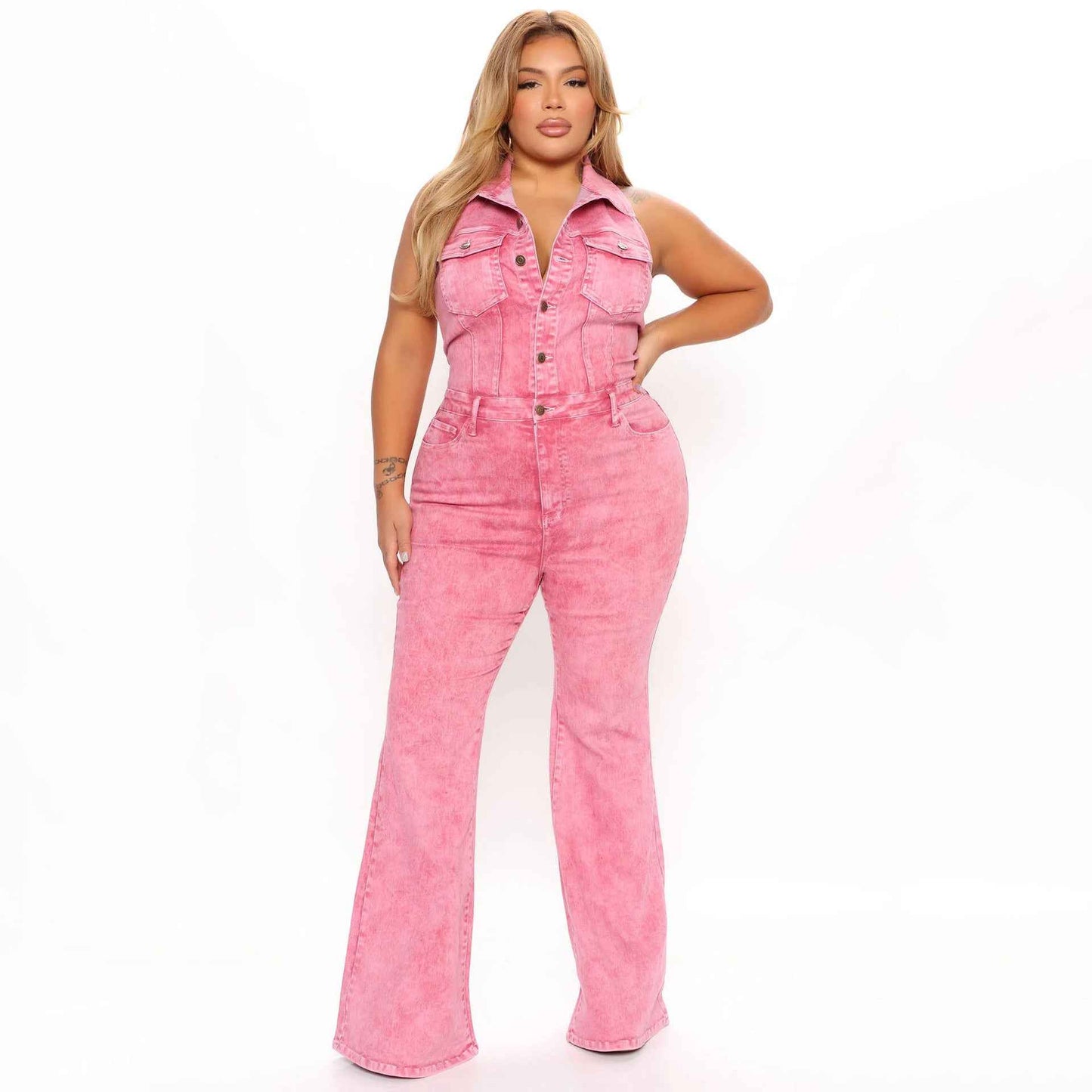 Denim Sexy Backless Collared Jumpsuit