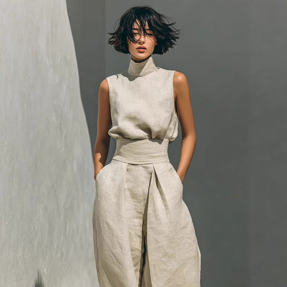 Elegant Women Simple Cotton Linen Jumpsuit