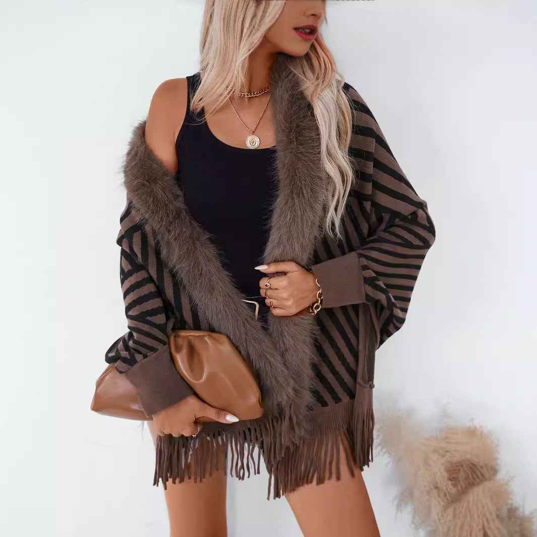 Striped Tassel Knitted Sweater for Women