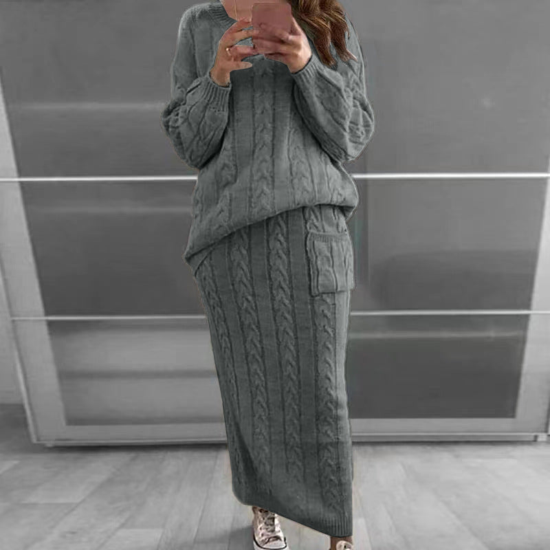 Women's Fashion Twist Flower Needle Sweater 2pc Skirt Women