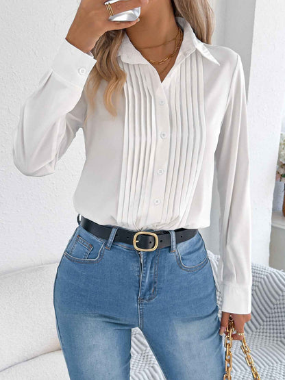 Elegant Pleated Solid Color Button Blouse
