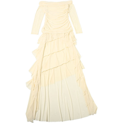 Slim Irregular Asymmetric Pleated Waist Tight Long Sleeve off Shoulder Elegant Dress for Women