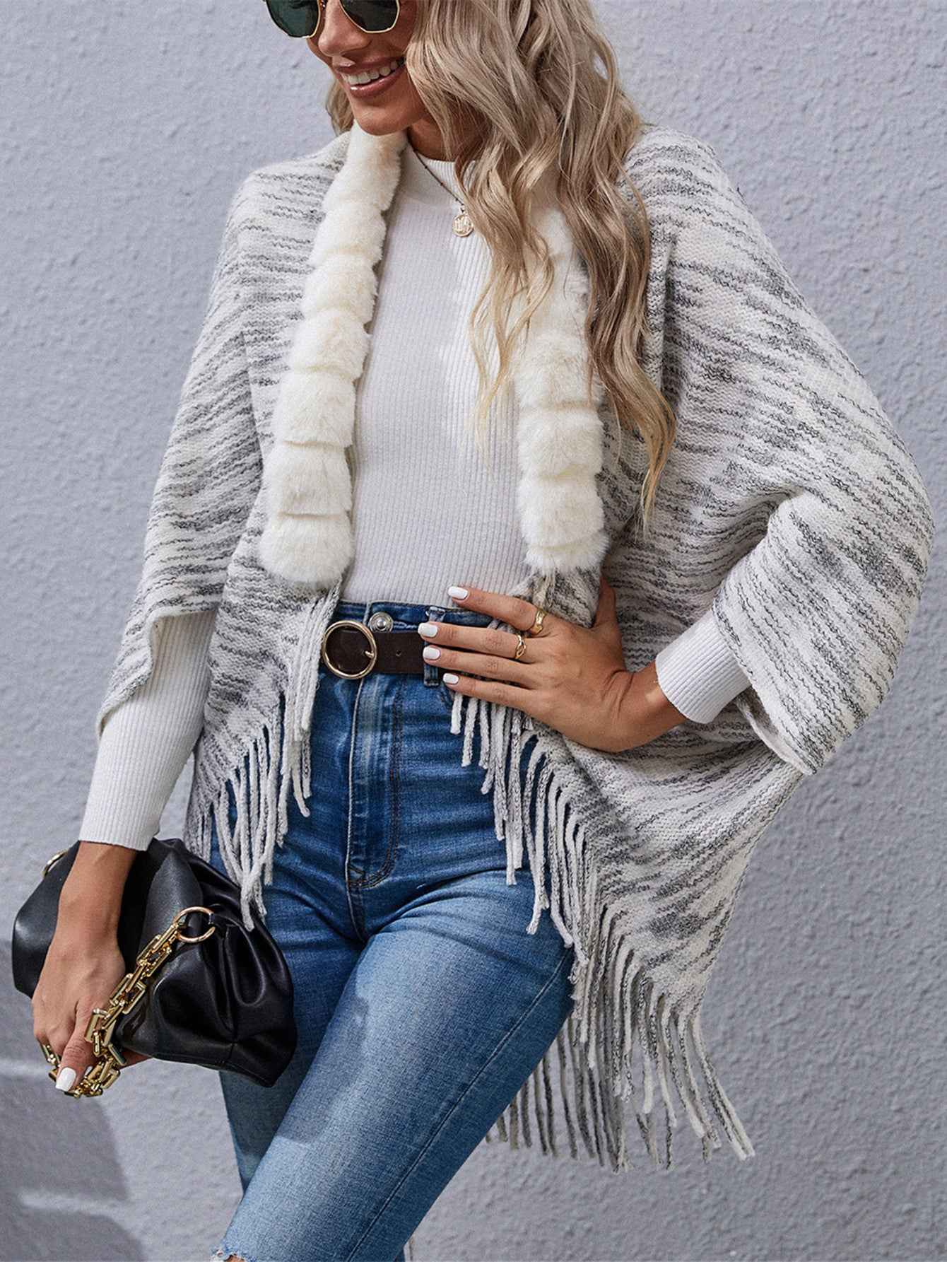 Fur Collar Fur Stitching Irregular Asymmetric Sweater