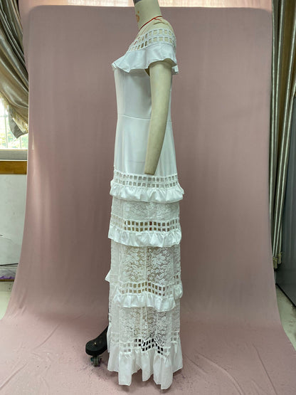 Ruffled Hollow Out Cutout Wide Hem Lace Long Dress