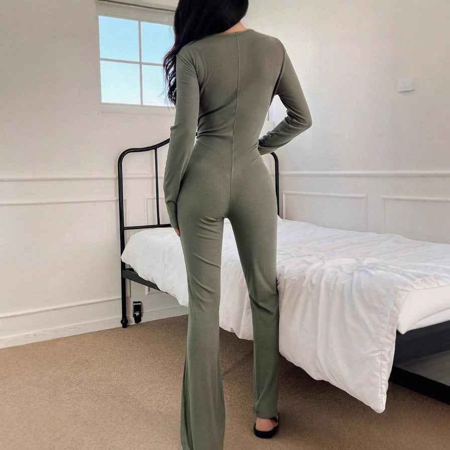 Polo Collar Knitted Long Sleeved Jumpsuit for Women