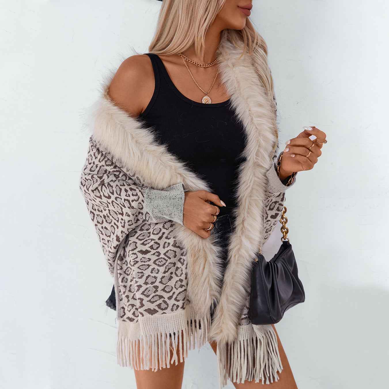 Leopard Print Fur Collar Loose Batwing Sleeve Sweater Cape Cardigan Women (one size fits all)