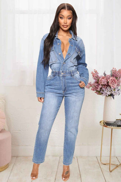 Women's Slim Elastic Band Washed Denim Jumpsuit