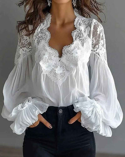 Women's Lace Stitching Puff Sleeve Pleated Blouse