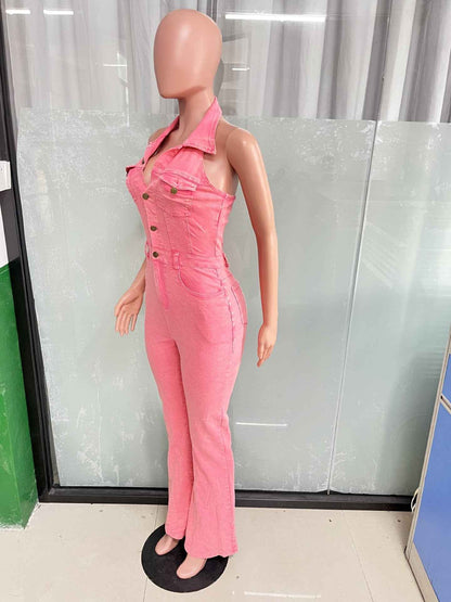Denim Sexy Backless Collared Jumpsuit