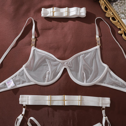 Heavy Craft Metallic Decorative Button Mesh See through Lingerie set MUNSIEUR