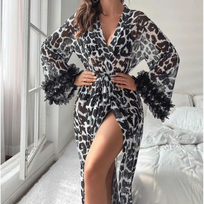Thin Transparent Leopard Print Bell Sleeve Bathrobe Sleepwear Loungewear