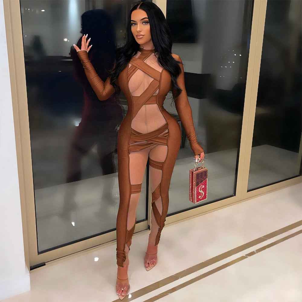 Mesh Bandage Stitched Long Sleeve Jumpsuit for Women