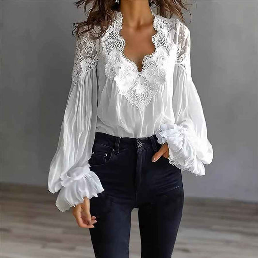 Women's Lace Stitching Puff Sleeve Pleated Blouse