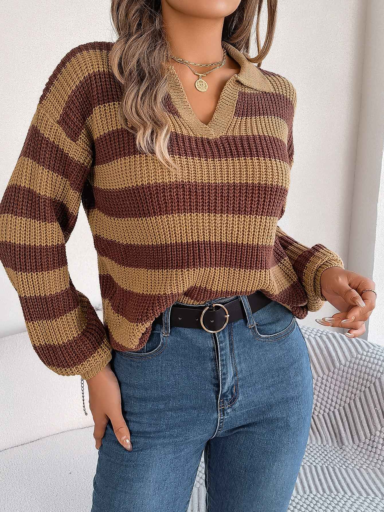 Casual Collar Contrast Color Long Sleeve Knitted Pullover Sweater