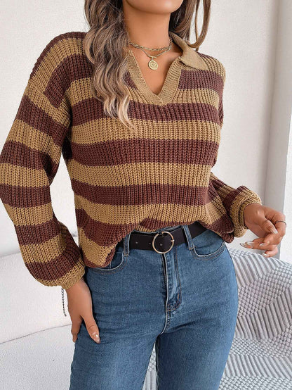 Casual Collar Contrast Color Long Sleeve Knitted Pullover Sweater