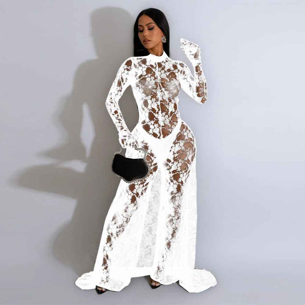 See through Lace Backless Lace up Jumpsuit