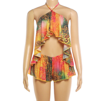 Spring Women Clothing Sexy Halter Backless Top Loose Super Short Shorts Two Piece Sets