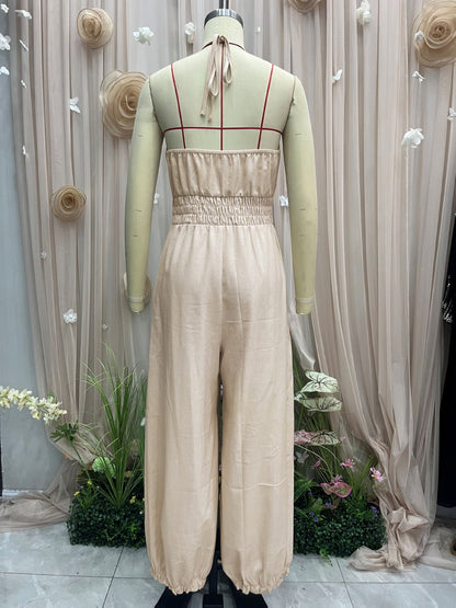 Bohemian Halter Lace Jumpsuit Seaside Holiday Casual Waist Drawstring