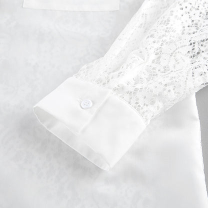 Lace Stitching Hollow Out Long Sleeve Collared Blouse