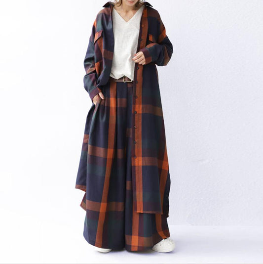 Women's 2pc Elegant Plaid Long-sleeved Cardigan Sweater Set Wide-Leg Two-Piece Set