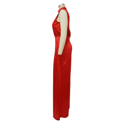 Solid Color Turtleneck Sleeveless Fitted Waist Jumpsuit No Belt