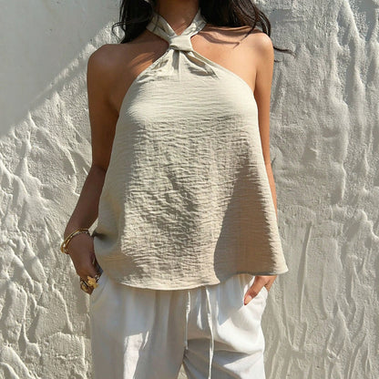 Summer Halter Spaghetti Strap Twisted Backless T-shirt
