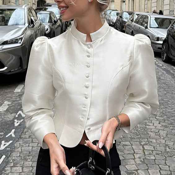 Spring Arrival French Stand Collar Puff Sleeve Blouse