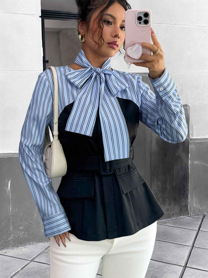 Striped Stitching Elegant Blouse False Two Piece Set