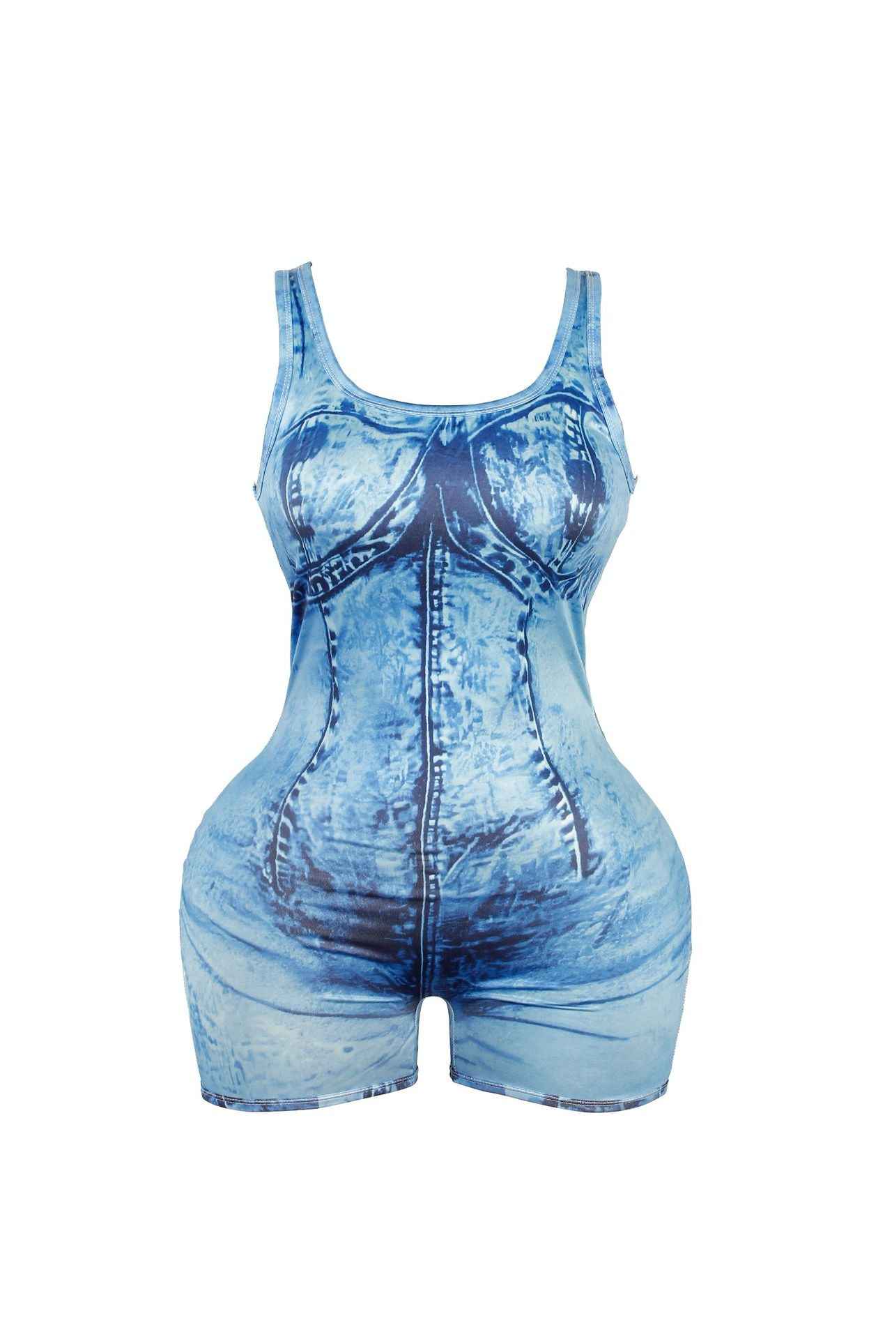 Denim Print Sexy Suspenders Tube Top Backless Romper Women