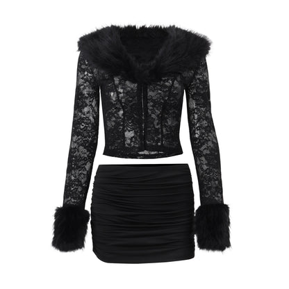 Lace Plush Long Sleeved Skirt Set