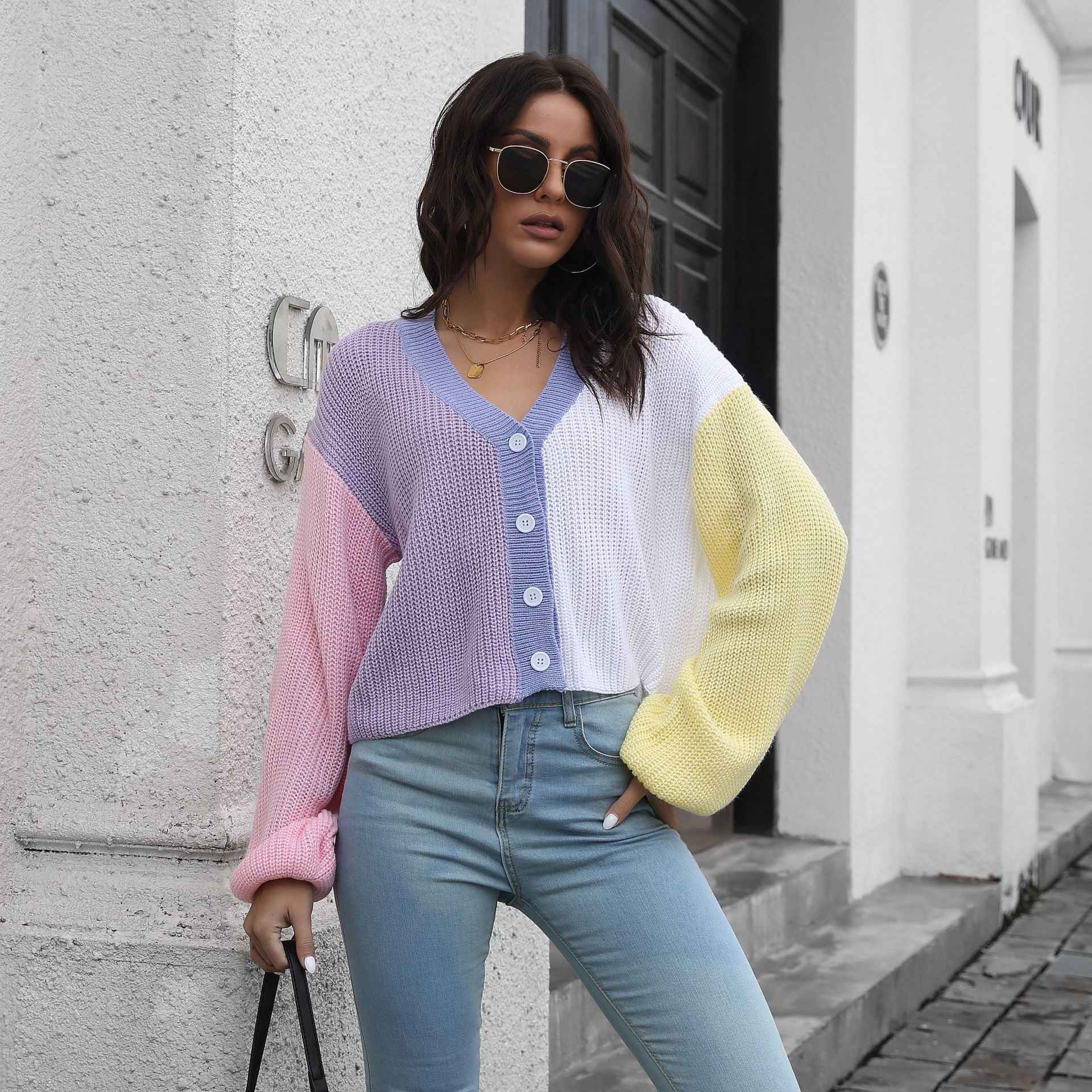 Knitted Cardigan Contrast Color Sweater