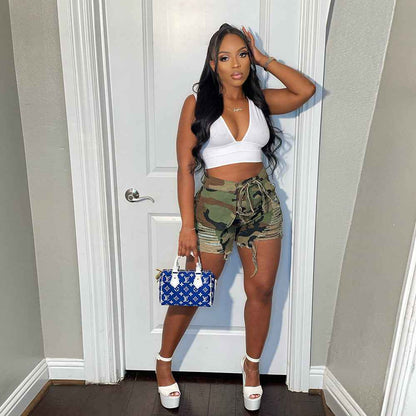 High Waist Camouflage Washed Tassel Bottoms for Women