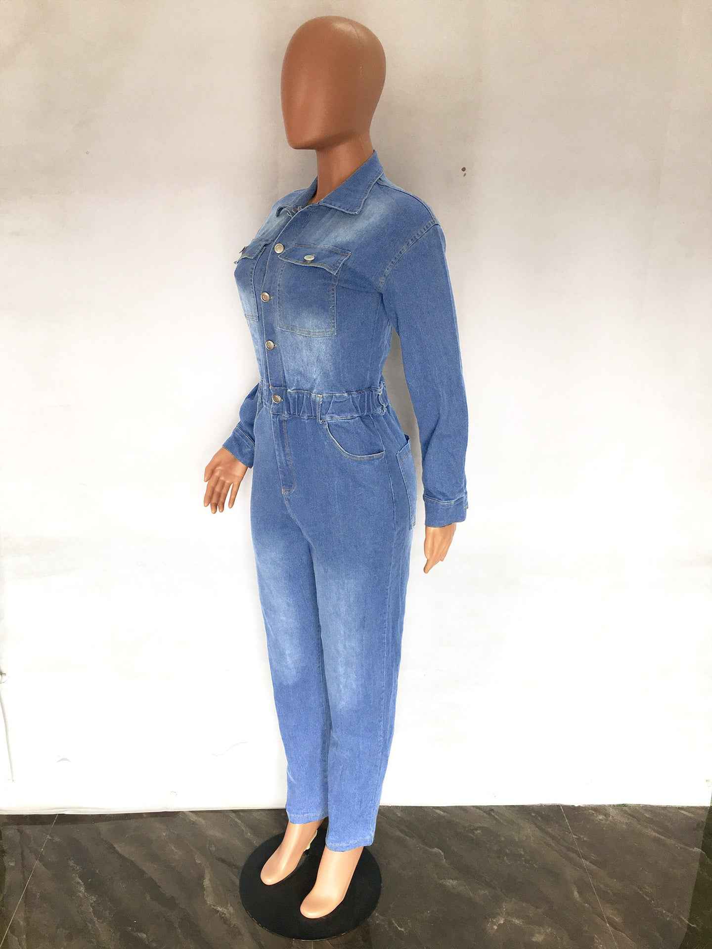 Women's Slim Elastic Band Washed Denim Jumpsuit
