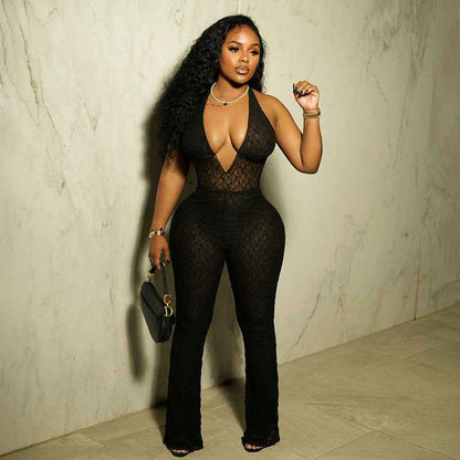 See Through Lace Up Backless Jumpsuit