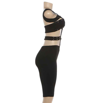 Unique Rivet Sexy Cutout Tight Five Point Jumpsuit