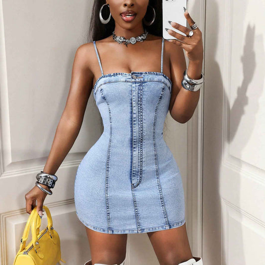 Sling Waist Slimming Sheath Women Denim Dress