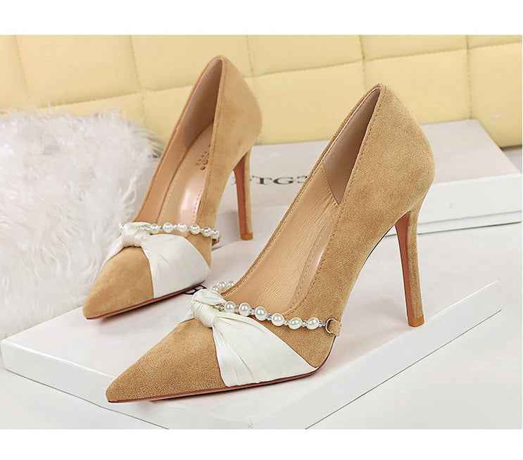 French Elegant Socialite Pearl Bow Pointed Low Cut Suede Stiletto Heel Pumps for Women