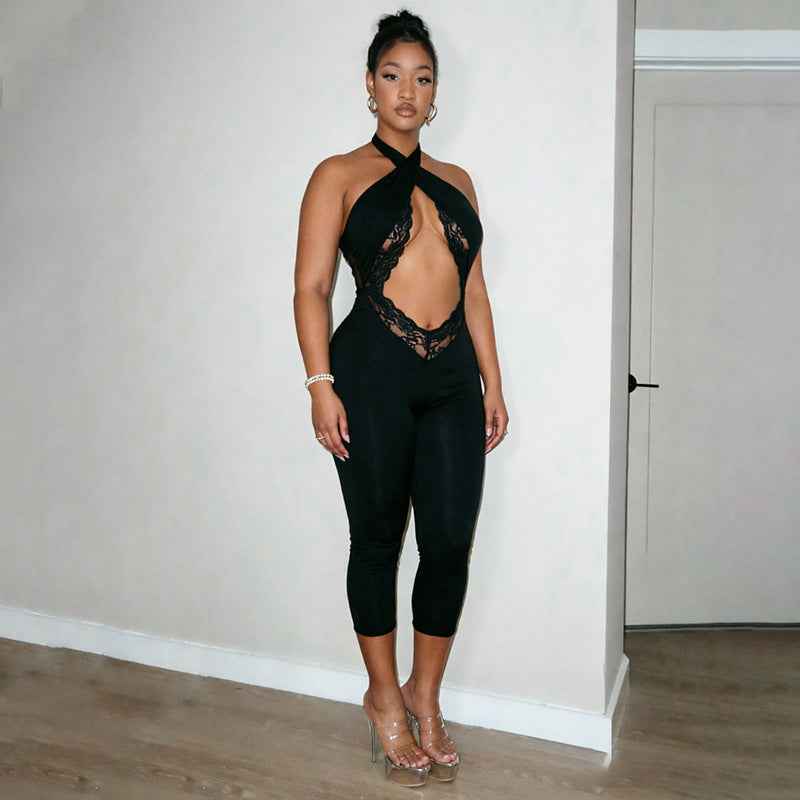 MUNSIEUR Slim Fit Sleeveless Halter Cross Jumpsuit