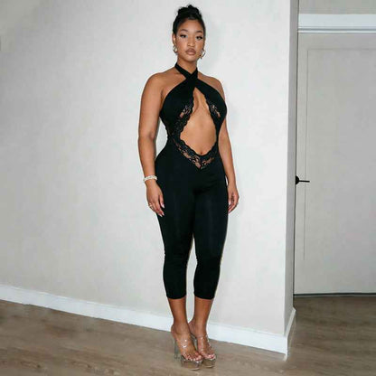 MUNSIEUR Slim Fit Sleeveless Halter Cross Jumpsuit