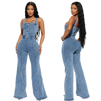 Denim Jumpsuit Women Slim Fit Stone Washed Suspender