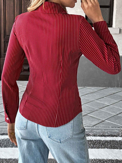 Casual Polo Collar Striped Blouse